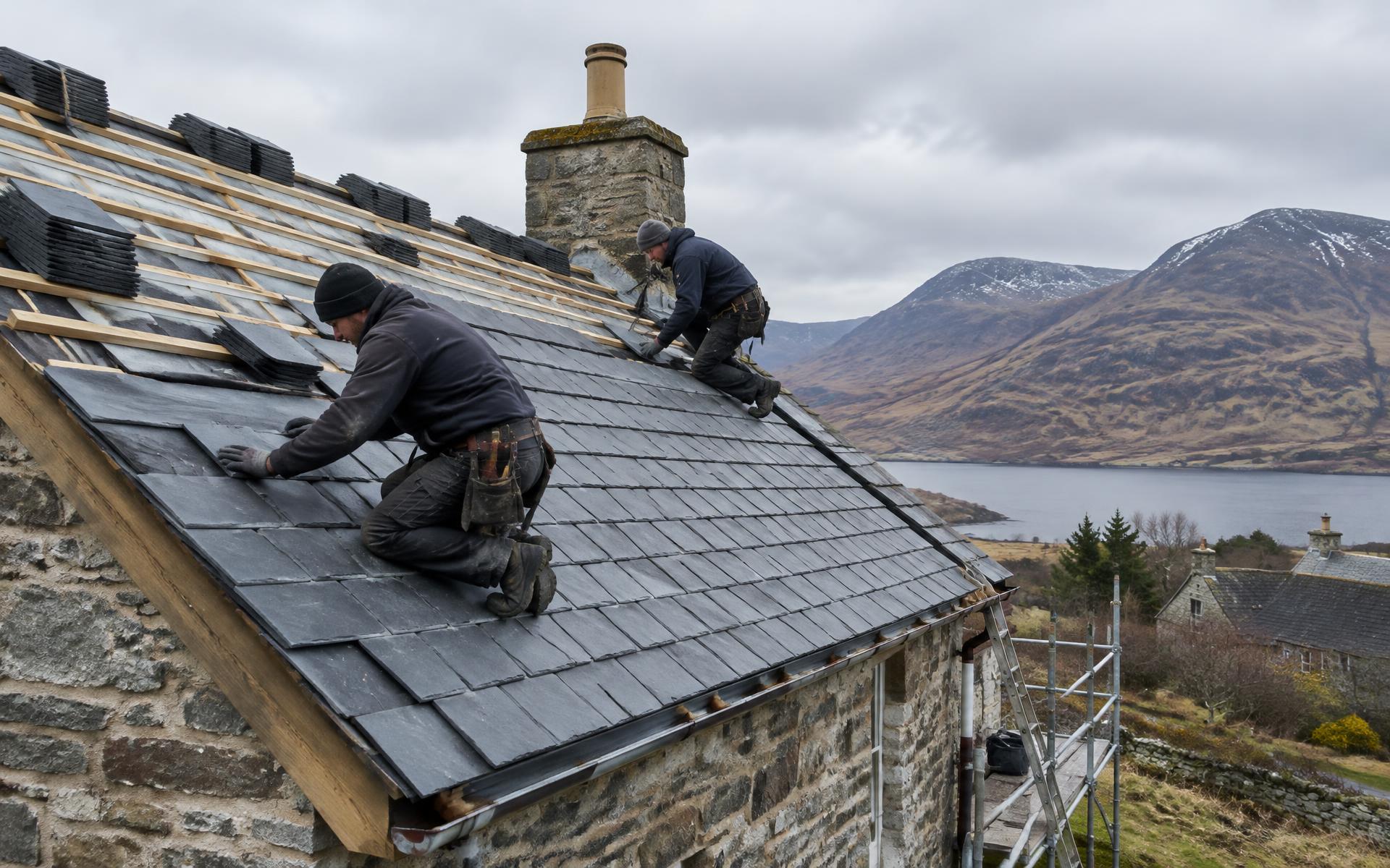 Ridge and Timber roofers laying new slates on a Highland stone house